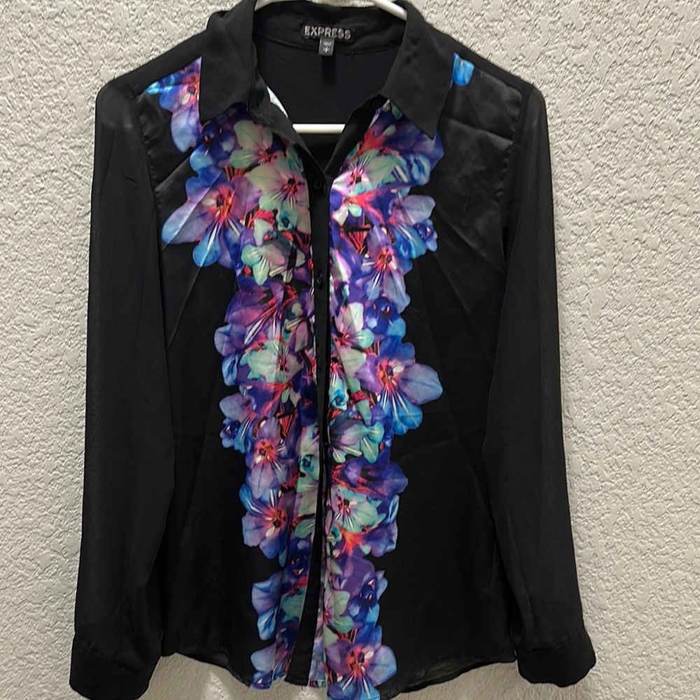 Express Black and Blue Graphic Button Down Shirt